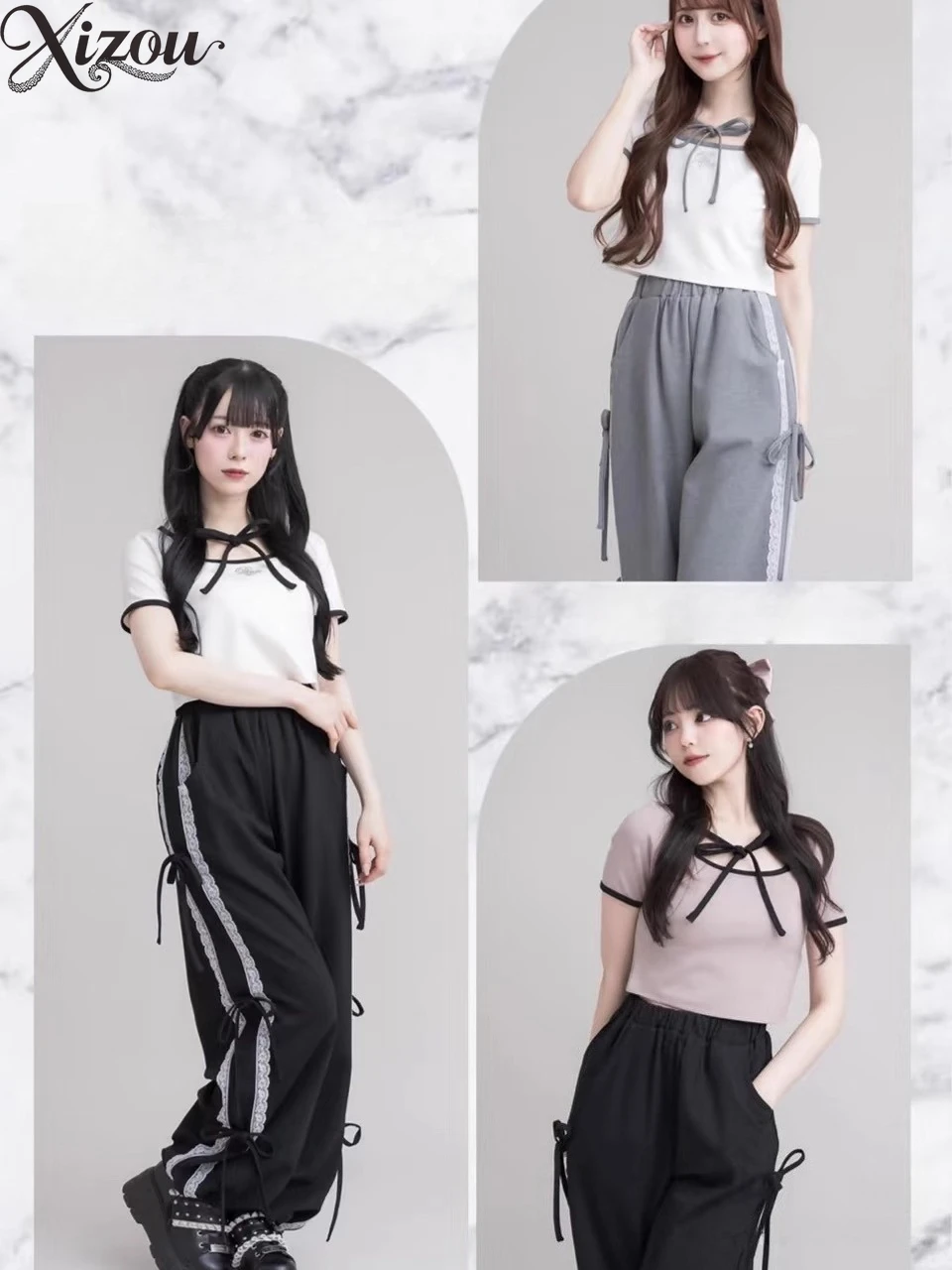 

2024 японская рубашка, комплект из двух предметов, лето-осень, топ с круглым вырезом и короткими рукавами, брюки, милый, с бантом, на шнуровке, вязаный, свободный, повседневный