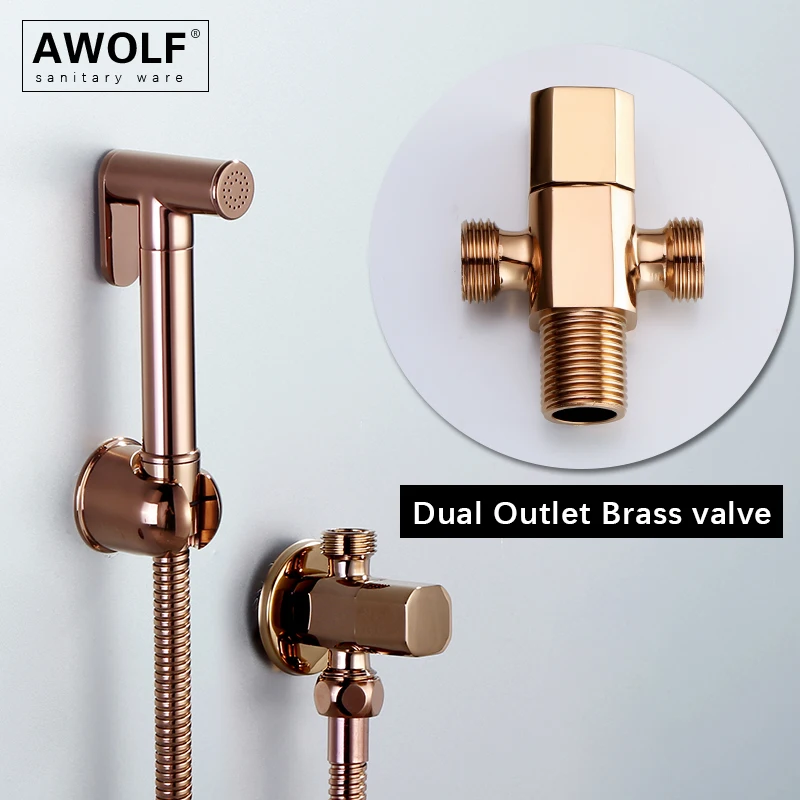 Awolf Rose Gold Hygienic Shower Head Solid Brass Handheld Toilet Bidet Sprayer Set Filling Valve Anal Shower System AP2293