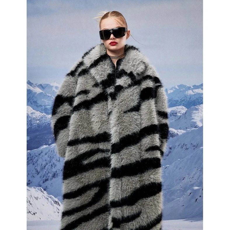 معطف شتوي دافئ بطبعة حمار وحشي، سترة نسائية طويلة من الفرو الصناعي، موضة جديدة من فرو الثعلب المقلد، مريح وعصري #2