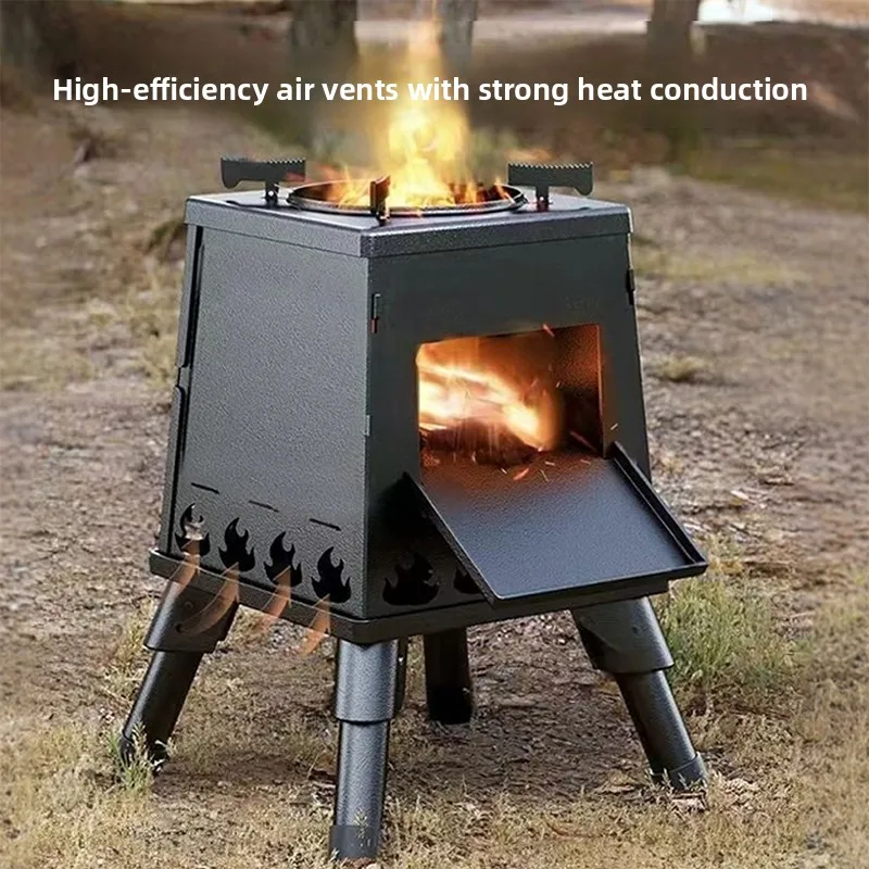 Portable outdoor wood-burning stove, outdoor camping and cooking stove, folding chimney stove, small household heating stove