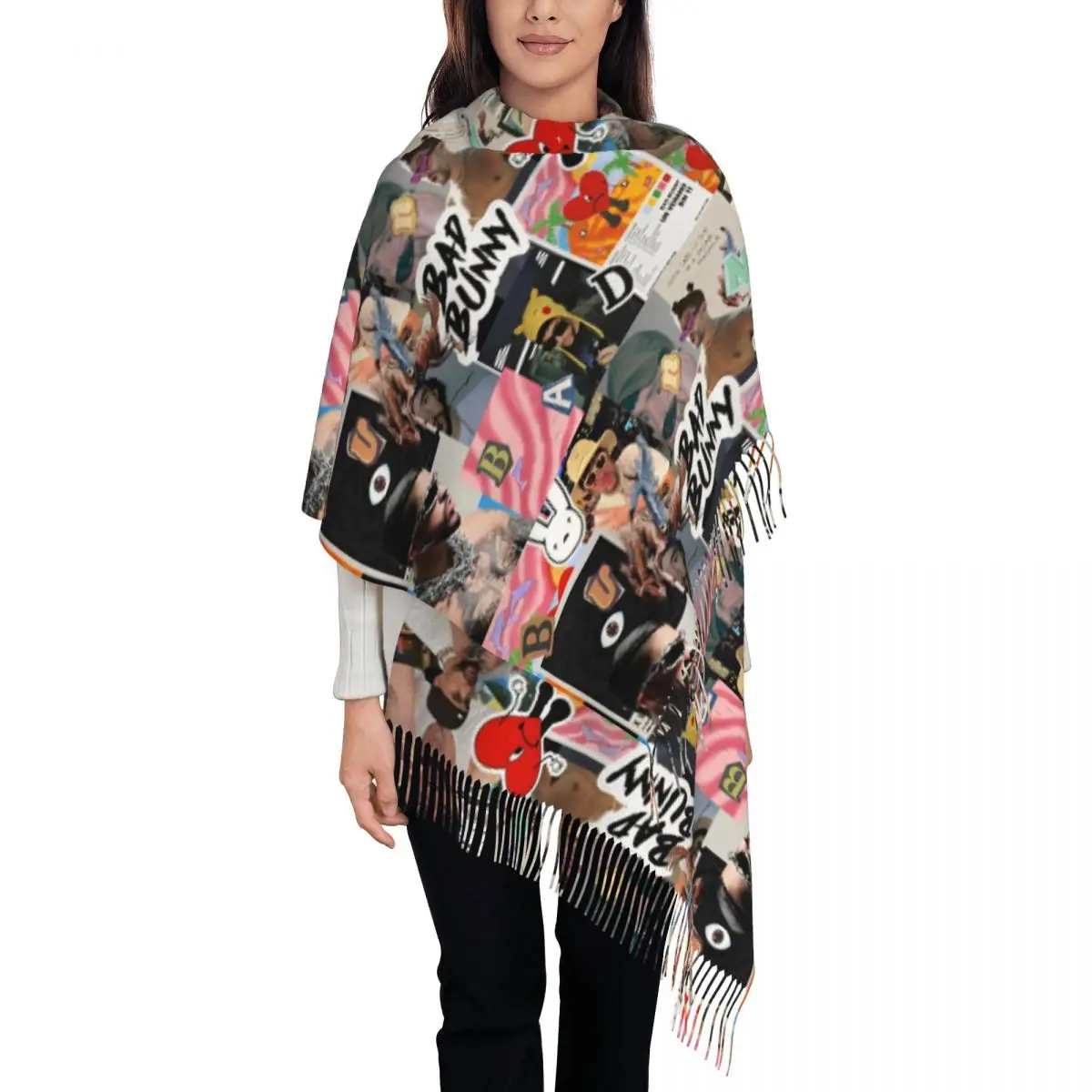 Bad Bunny Music Shawl Wraps for Womens Winter Warm Large Long Scarf Hip Hop Rapper Pashminas Tassel Scarves