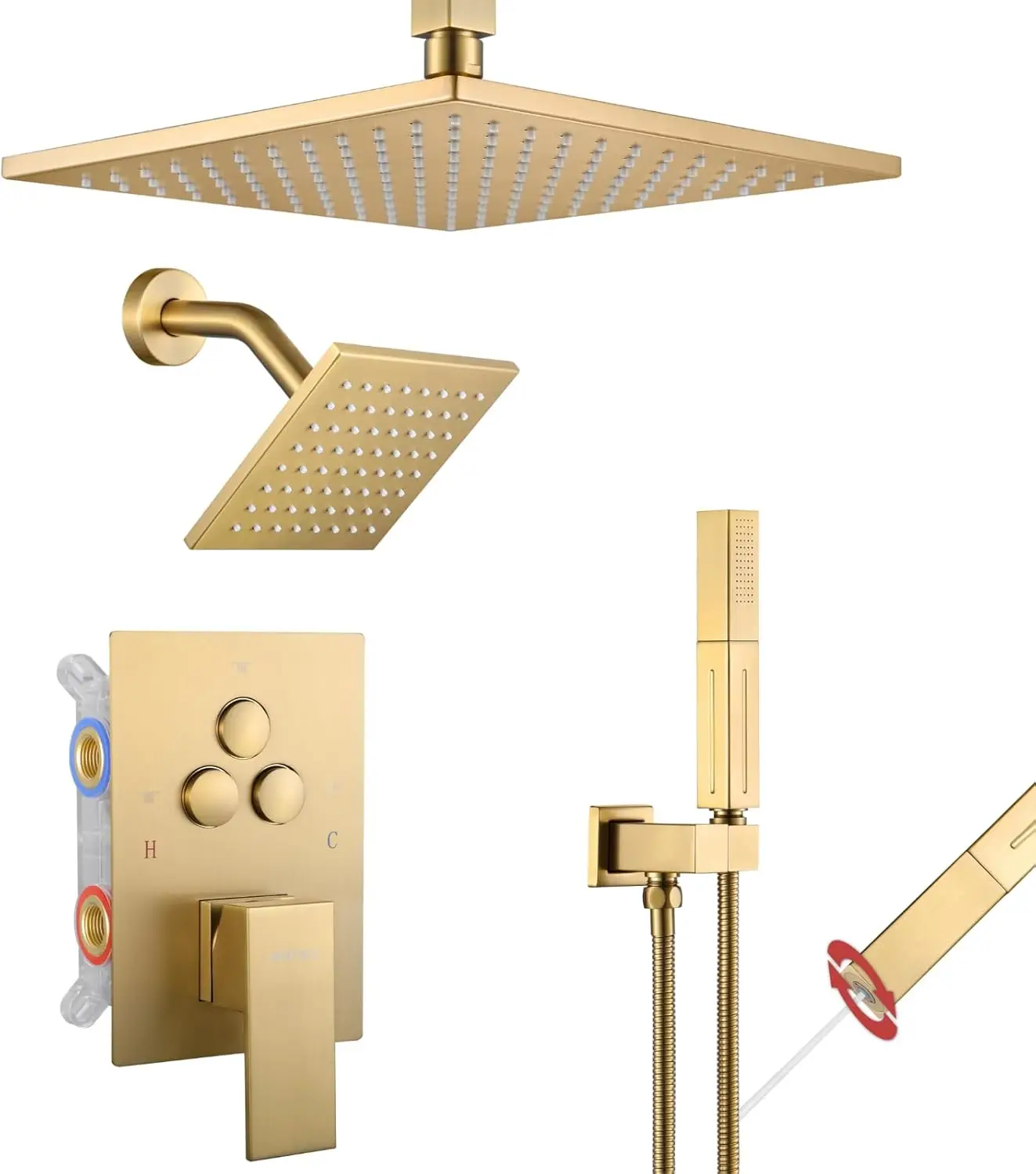 

Brushed Gold Shower Faucet Set Push Button Diverter 2-in-1 Handheld Ceiling/Mount Wall 10-Inch 6-Inch Shower Heads Mounted