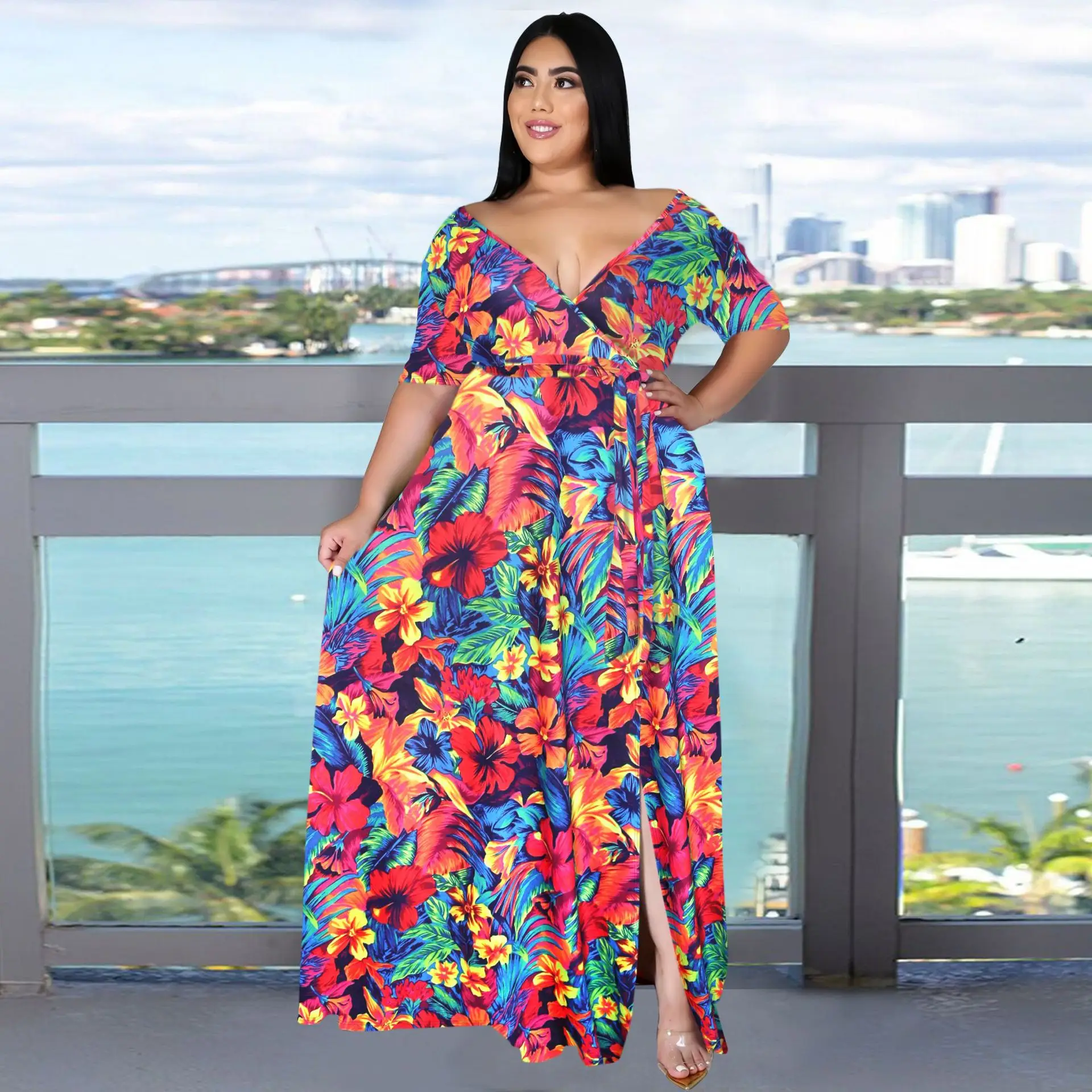 HAOOHU – robe longue à manches courtes et col en v pour femme, vêtement décontracté, style bohème, imprimé plage, grande taille 5xl, automne 2023