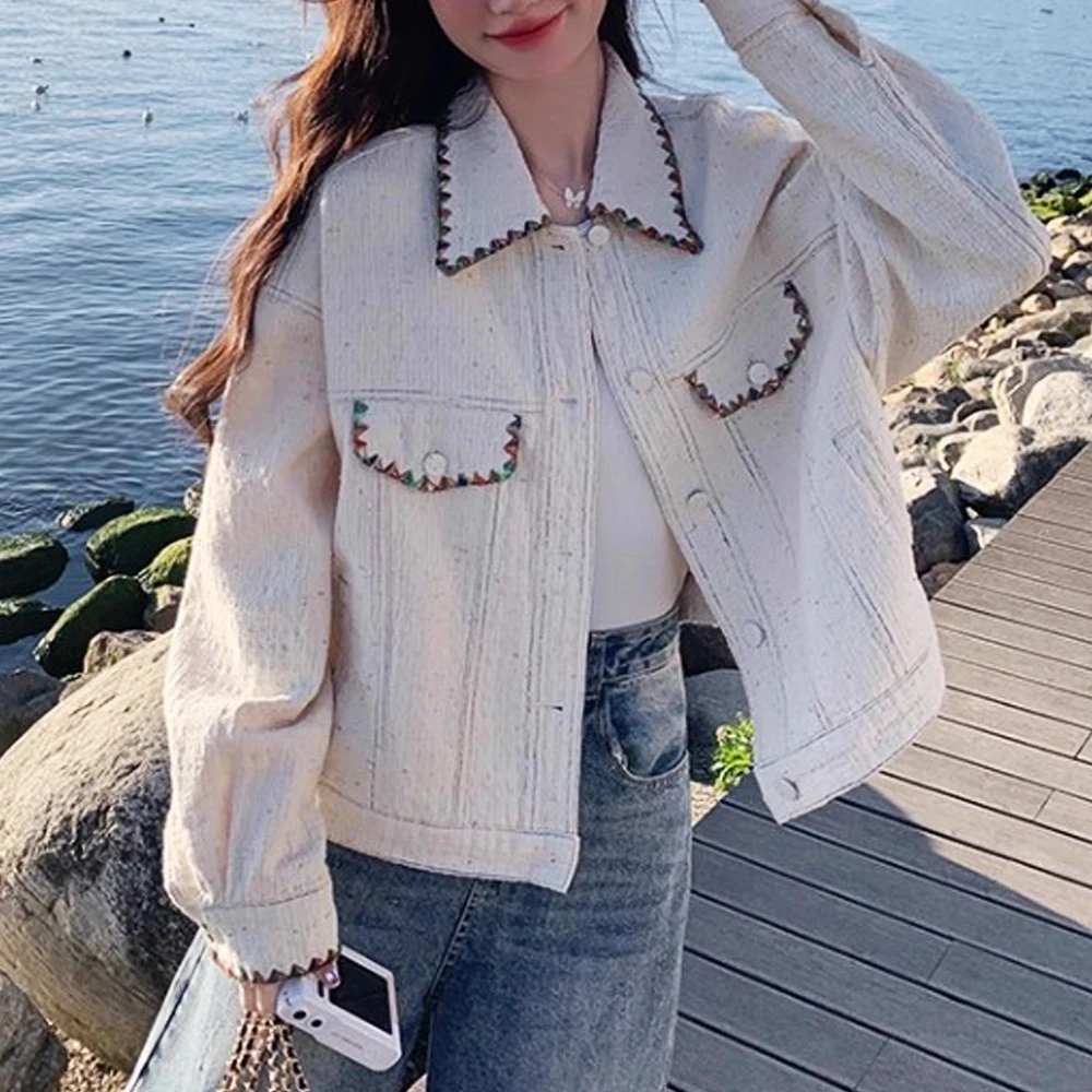 Chaqueta vaquera azul de algodón con bordado Floral bohemio para mujer, abrigos de manga larga para primavera y otoño, prendas de vestir, abrigo informal