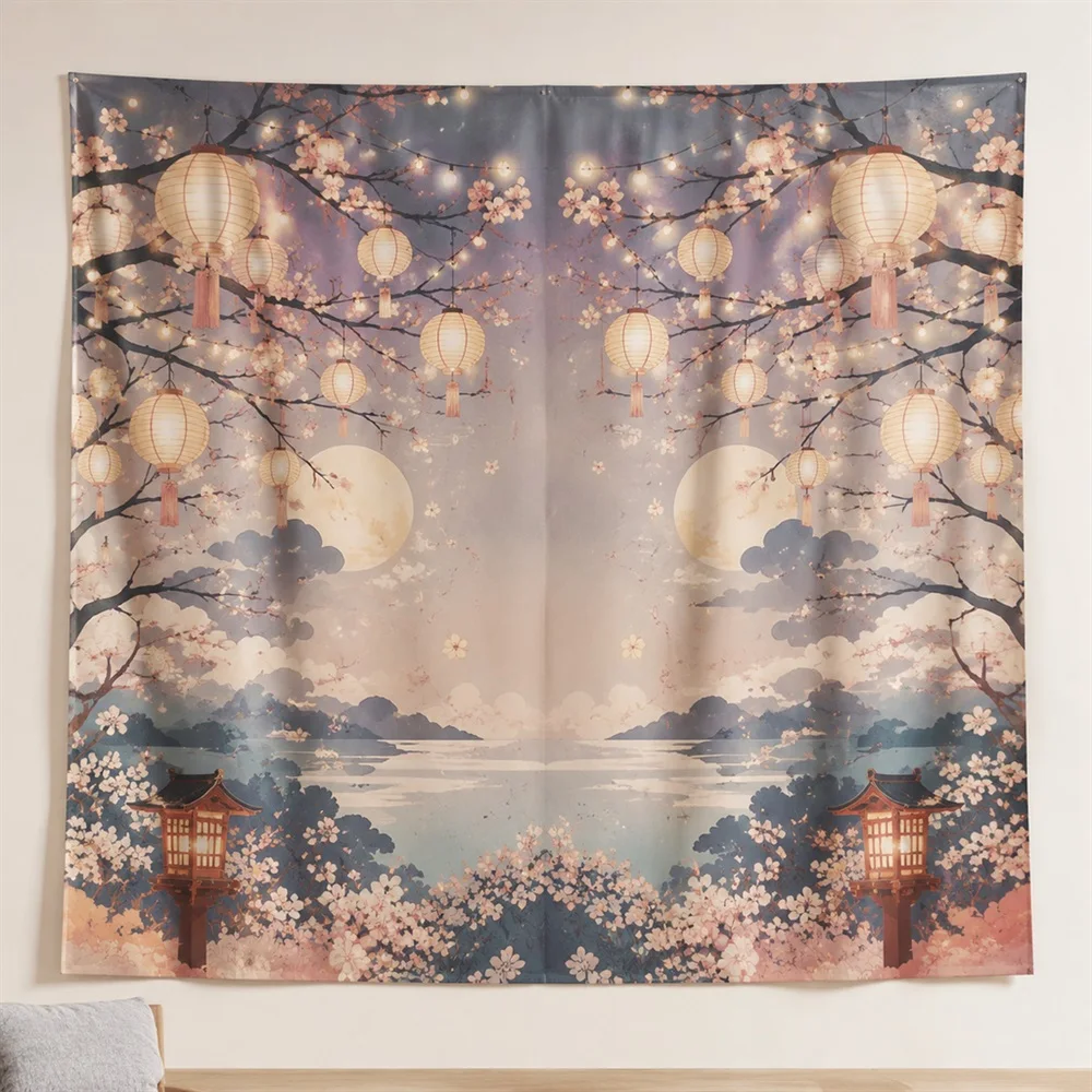 VIKAMA Washi Paper Lantern Mirror Symmetric Tapestry Wall Hanging, Japanese Wall Art Tapestries for Living Room Bedroom Entryway