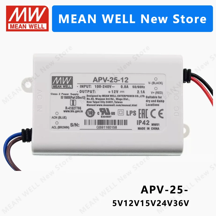 MEAN WELL APV-25  APV-25-5  APV-25-12  APV-25-15  APV-25-24  MEANWELL APV 25 25W