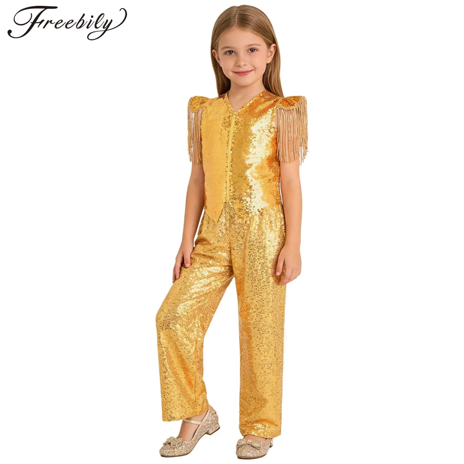 Kids Sparkling Party 70s Disco Dancing Prom Outfit Fashion Girls Hip Hop Jazz Dance Hippie Costume Children Metallic Dancewear