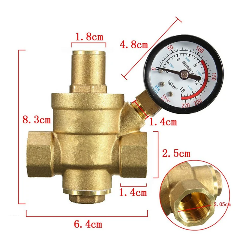 3X Water Pressure Regulator 1/2 Inch With Gauge, Hardness Brass, Adjustable Water Pressure Reducing Valve Water