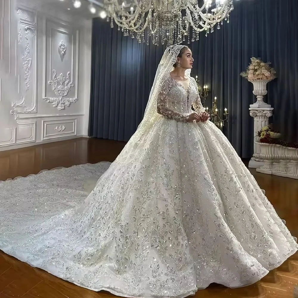 فستان زفاف رائع مخصص للنساء بأكمام طويلة مزين بالترتر فستان زفاف برقبة دائرية فستان زفاف فيستدو دي نوفيا