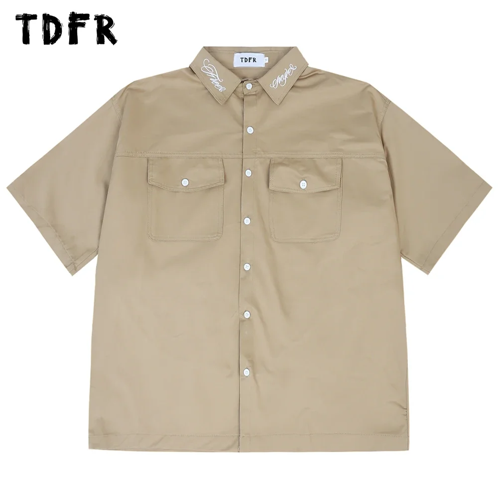 Letter Embroidery Short Sleeve Shirt Mens Summer Casual Loose Safari Style Lapel Half-Sleeve Shirts Men