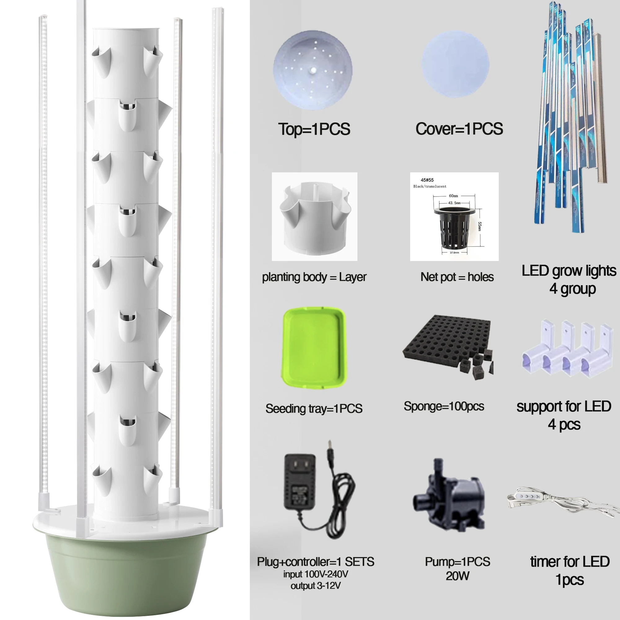 Commercial Indoor Aeroponic Vertical Hydroponic Tower Garden Growing Systems With LED