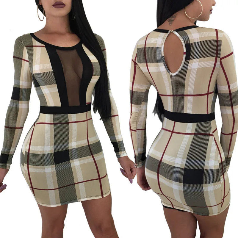 Women Classy Plaid Print Dresses Slim Long Sleeve Mesh Splicing Wrapped Hip Print Party Mini Dress Office Lady