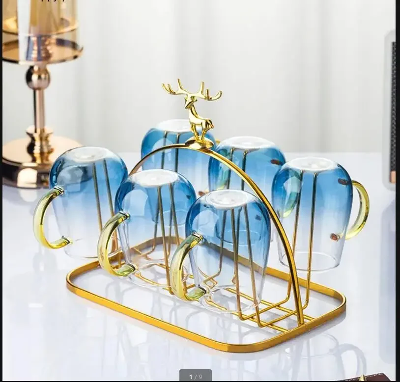 

Metal Cup Holder Drain Rack Storage Tray Decorative Storage Rack Tumbler Holders Home Glass Cup Six-piece Suit Upside-down Shelf