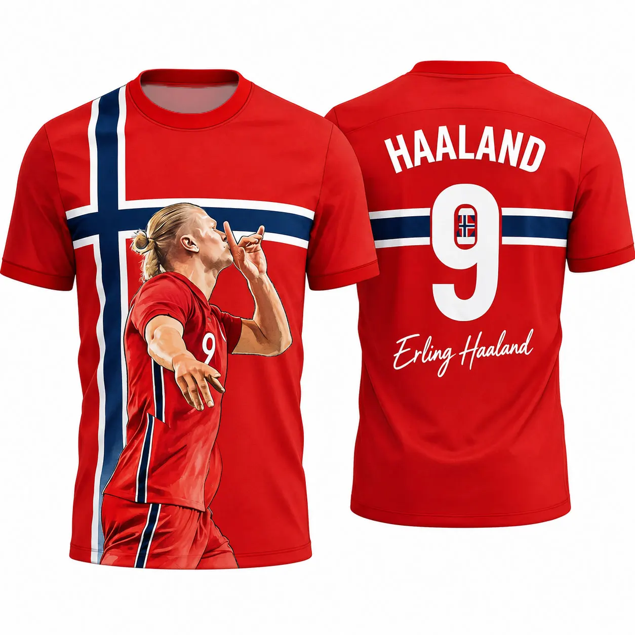 Unisex Erling Haaland #9 Norway Soccer Jersey Hand Drawn Portrait Norway Flag Print Short Sleeve Breathable Quick Dry Football