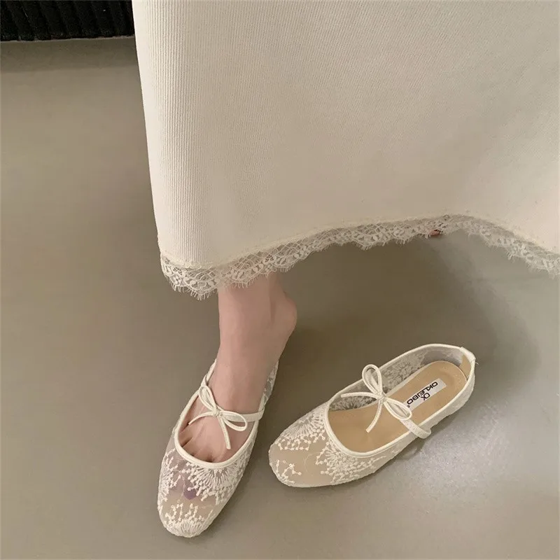 Gentle style bow ballet shoes for women, new fairy hollow mesh fabric, lace embroidery, plus size women's singles shoes