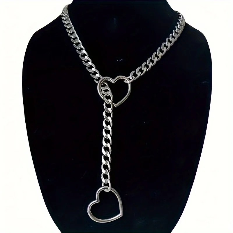 Punk Hollow Heart-shaped Long Pendant Necklace with Adjustable Chain Fashionable Jewelry Accessories Women Valentine's Day Gift