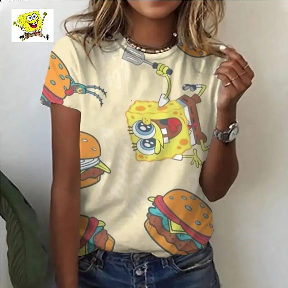 New 3D printing Disney Spongebob cute ladies T-shirt with round neck and short sleeves fashion street trend retro boutique blous