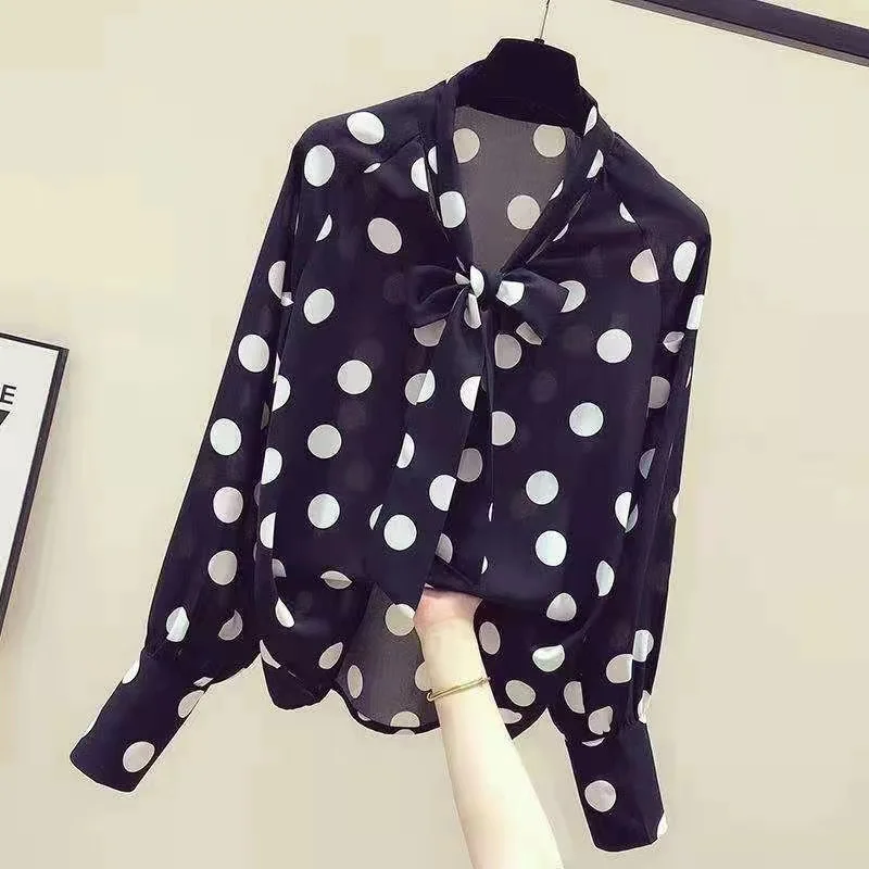 Spring Autumn Polka Dot Chiffon Shirt Women Long Sleeve Bow Tie Loose Sle Hong Kong Flavor Top Commute Sle V-neck