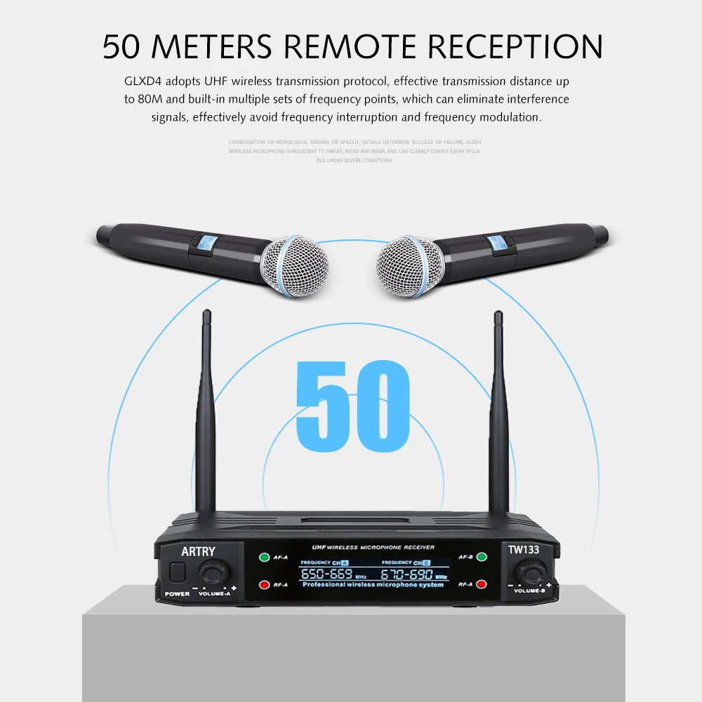 ARTRY TW133 Microfone Sem Fio, Microfone Dinâmico UHF Profissional, Freqüência Automática, Party Stage, Church Show, Karaoke Re