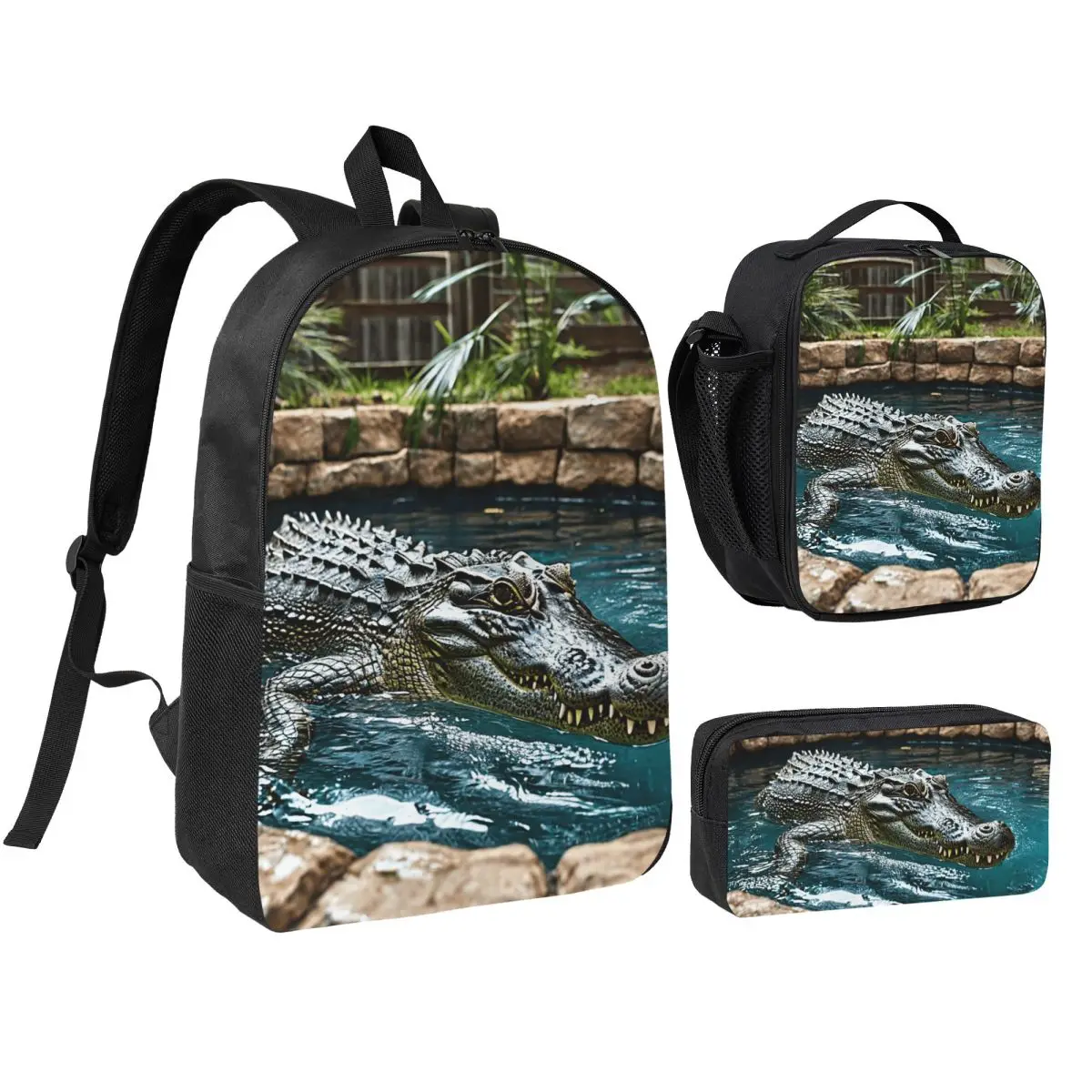 Alligator In The Pond Theme Realistic Backpack Boys Girls BookBag School Bag Shoulder Bags 3ps Insulated Lunch Bag Pencil Case