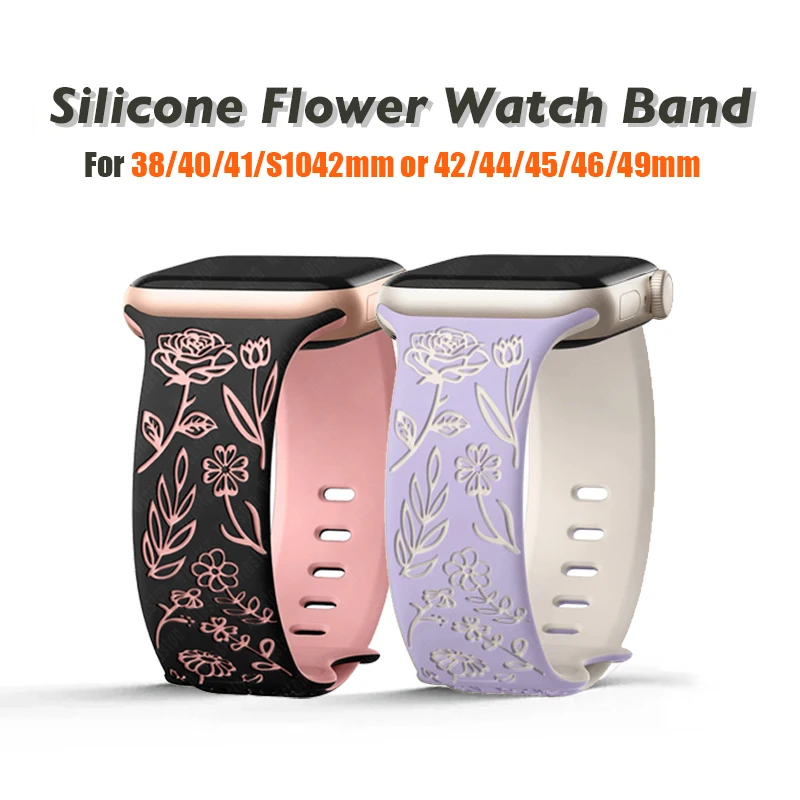 Damen-Armband mit graviertem Blumenmuster für Apple Watch Band Ultra 2 49 mm 46 mm 45 mm 44 mm 40 mm 42 mm Armband IWatch Serie 10 9 8 7 6 SE 5 4