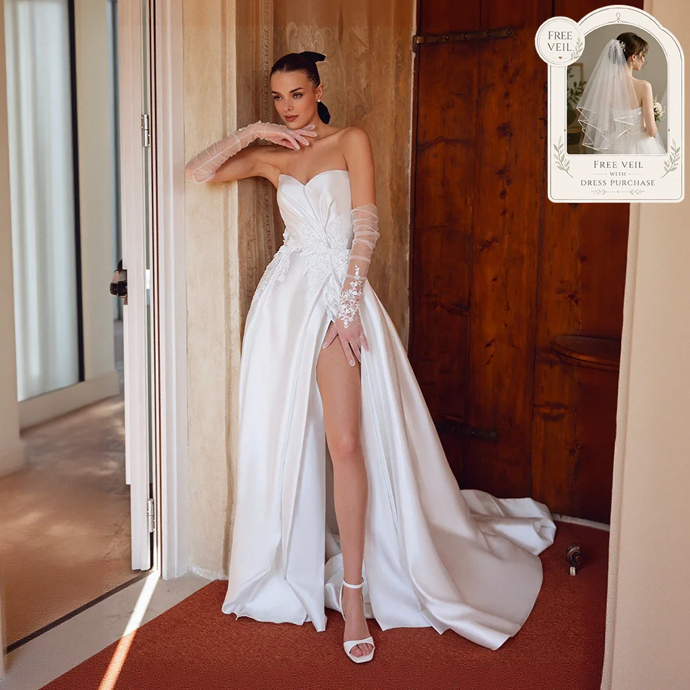 2026 Vintage Satin Wedding Dress Slit Sweetheart A-Line Bride Gowns Applique Detachable Shoulder Vestido De Novia