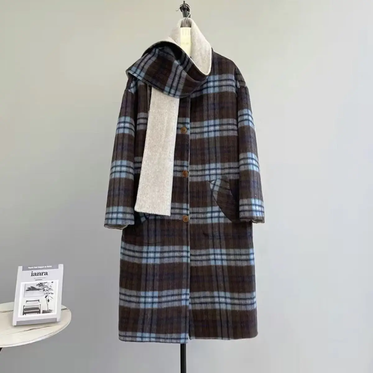 Scarf Style Double-Sided Wearable Retro Plaid Double-Sided Wool Coat Women's Autumn And Winter Mid Length Woolen Coat