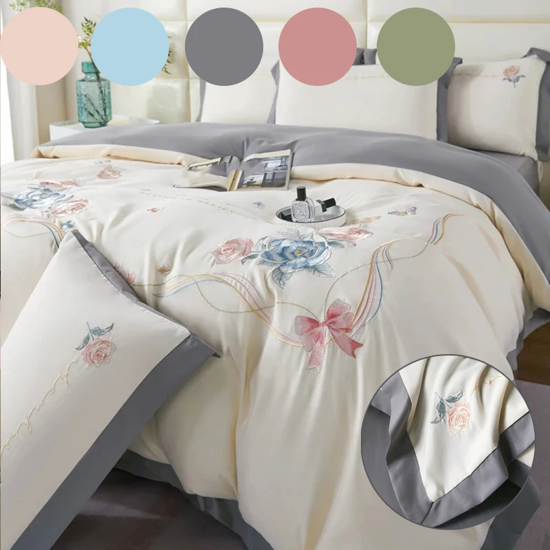 

Cotton Quilt Duvet Cover 4Pcs/Set Chic Flowers Bowknot Embroidery Bedding Set Bed Sheet Pillowcase Soft Bedding Set for Summer