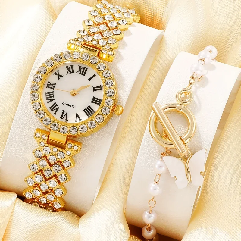 1pc Rhinestone Decor Quartz Watch Casual Analog Dress Watch & 1pc Bracelet, Gift For Mother\'s Day Valentine\'s Day