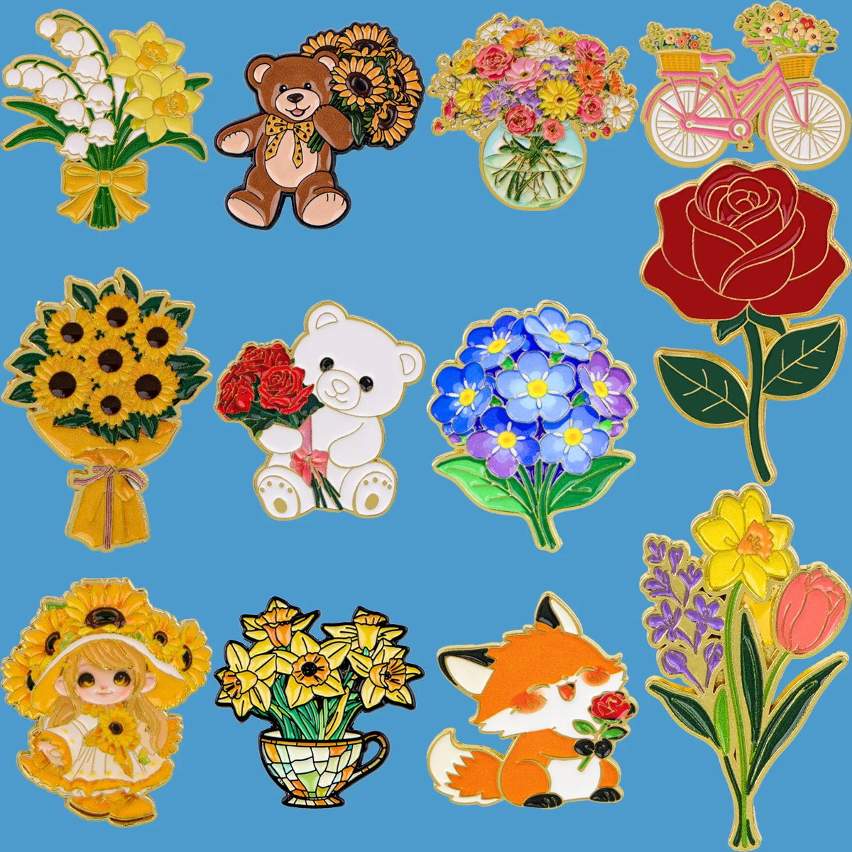 Bright Flower Enamel Pin Sunflower Cartoon Lapel Pins Bear Badges on Backpack Brooch for Cosplay Clothes Jewelry Gifts Friends