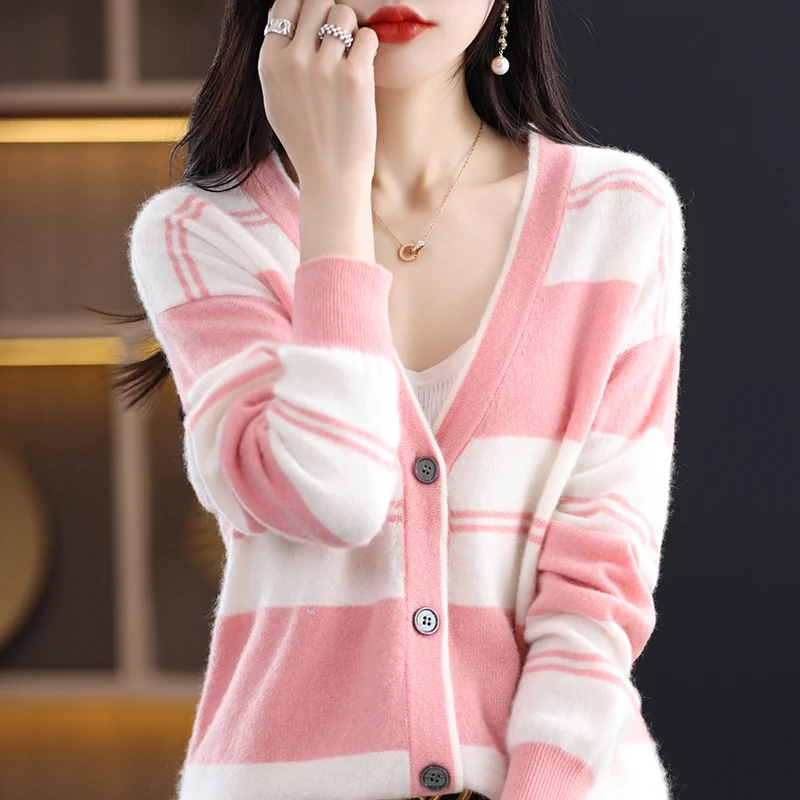 

100% Pure Wool Cardigan Jacket Women's Knitted Top V-neck Loose Color Matching Spring And Autumn Cashmere Sweater Women's Outerw