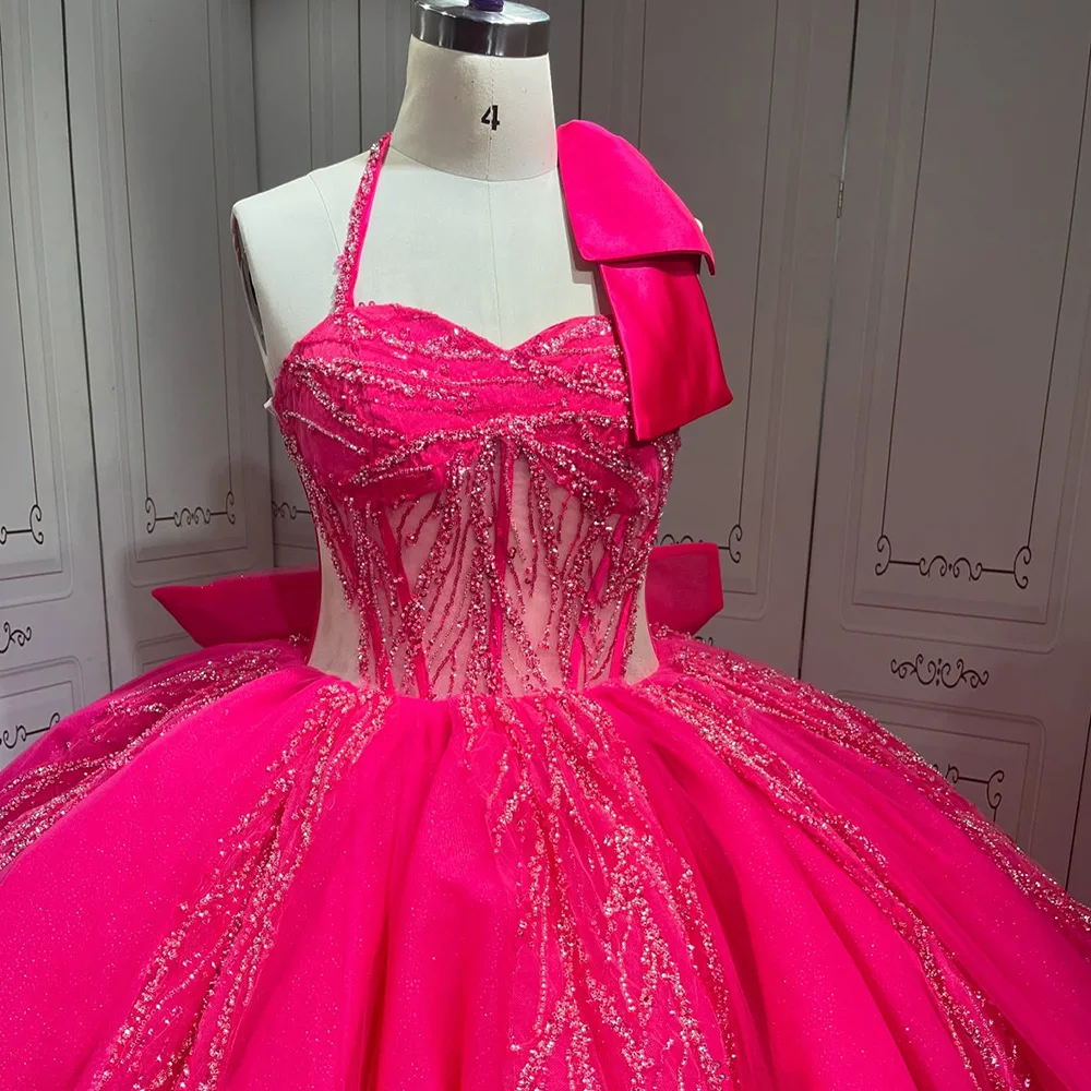 Pink Halter Quinceanera Dresses For 15 Party Princess Sleeveless Tulle Birthday Party Dress Robes vestido de 15 quinceañera