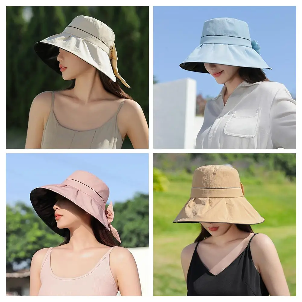 Sombrero de verano de ala ancha para mujer, protección Solar UV para el cuello, sombreros de cubo de playa, gorras de Panamá de viaje plegables, pescador H P0Y3