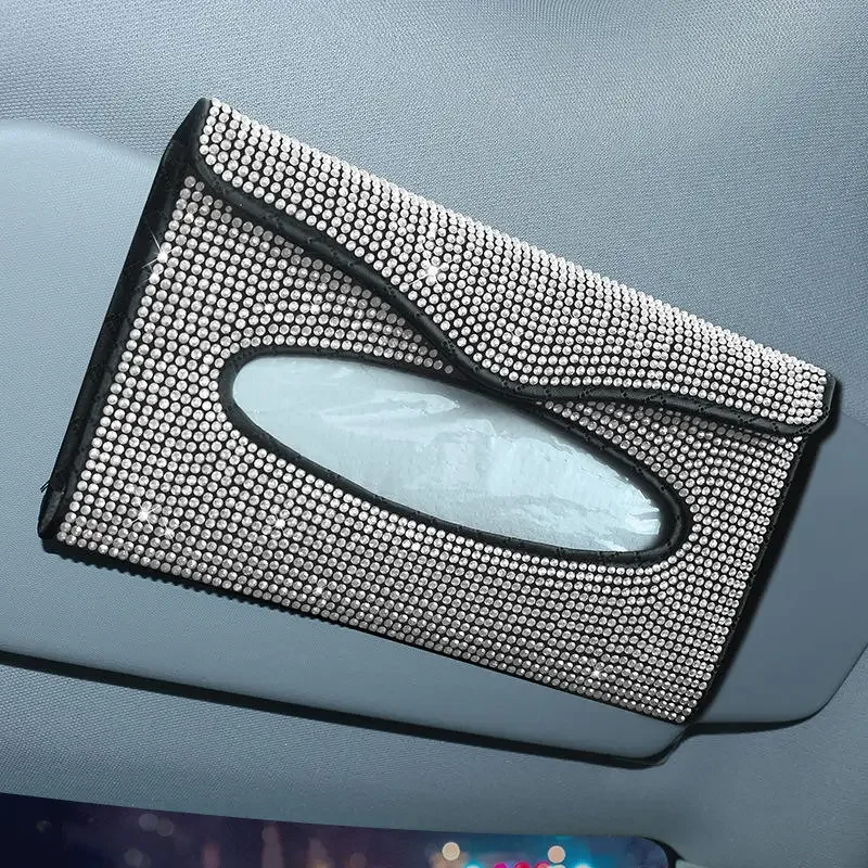 Bling Crystal Car Tissue Box Towel Sets Car Sun Visor Tissue Box Holder Auto Interior Storage Decoration Car Accessories