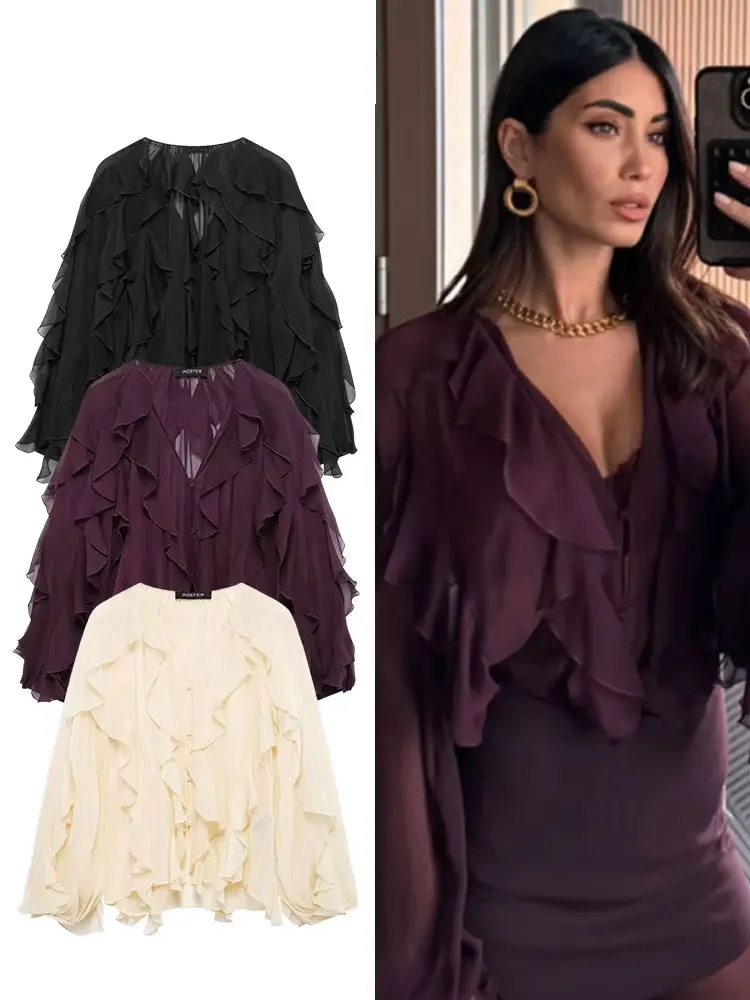 

HH 2025 женская весенняя элегантная однотонная 2-цветная блузка с v-образным вырезом женская однобортная ламинированная декоративная рубашка с длинными рукавами