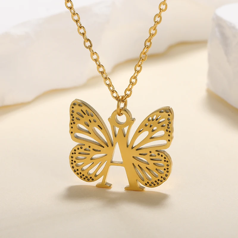 A-Z Initial Letter Collar Butterfly Necklace For Women Butterfly Jewelry Stainless Steel Alphabet Choker Necklace Female Gift