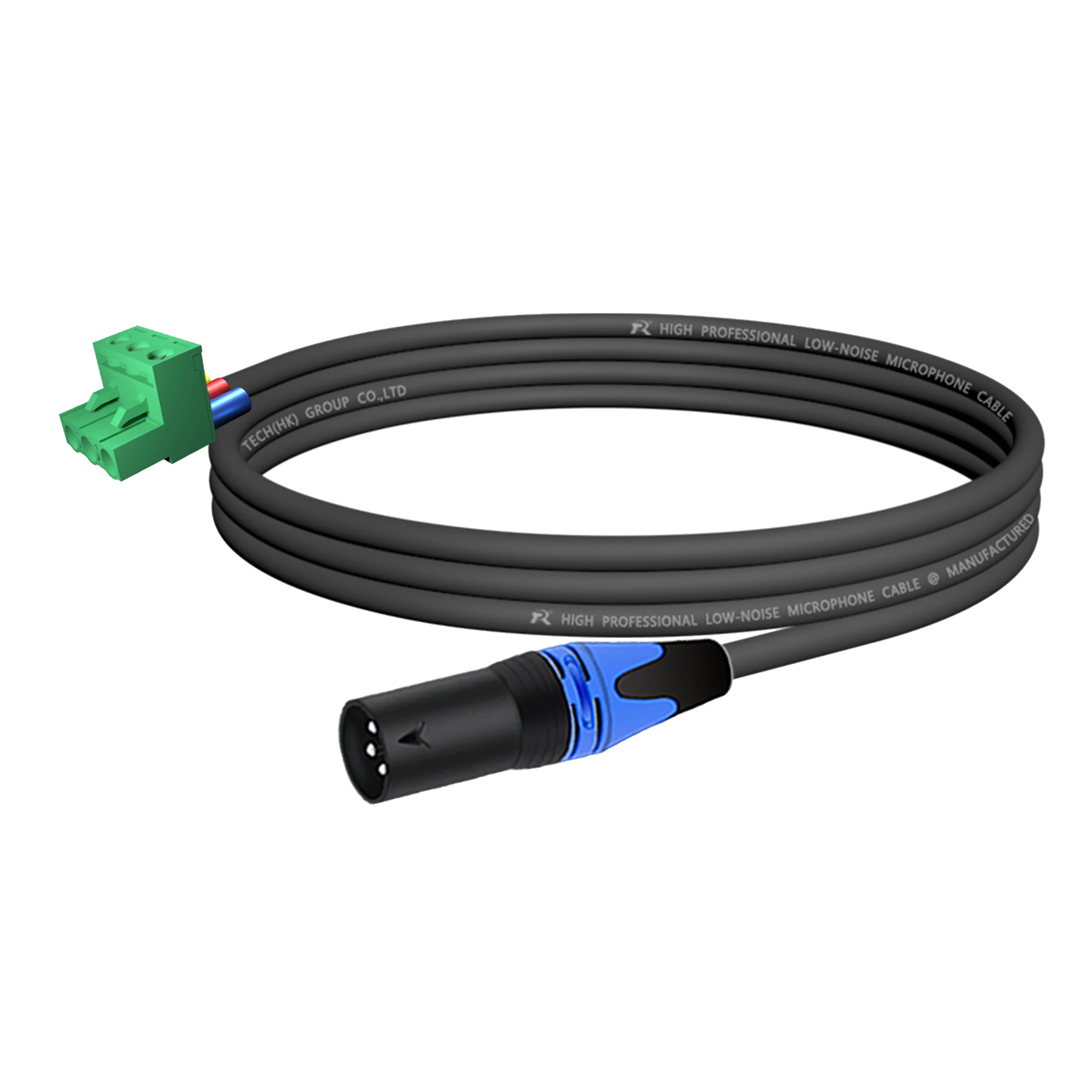 XLR mit schwarzem Rückgehäuse, mehrfarbiger rutschfester Abdeckung, verbunden mit 5,08 mm 3-poligem Phoenix-Steckeranschluss, für Audiogeräte. – Detail 3