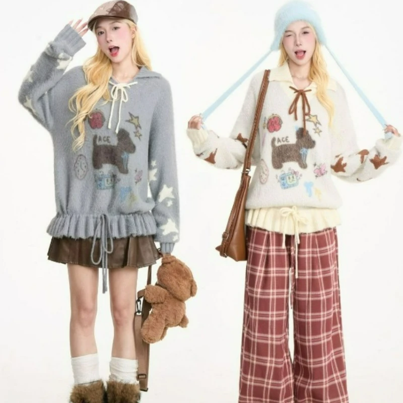 

2026 Autumn/winter Top Knitted Pullover New Style Little Dog Jacquard Cartoon Pullover Sweet Knitted Lazy Tie Loose Sweater