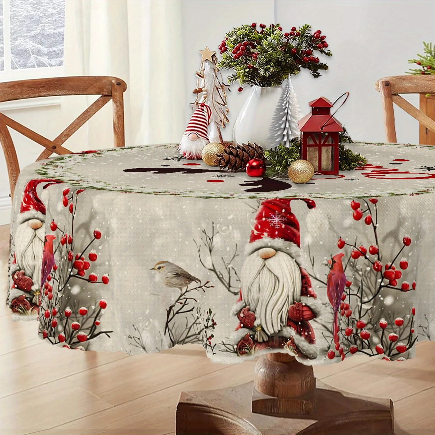 1 piece Merry Christmas round tablecloth, vintage dwarf red leader berry pine snowflake design