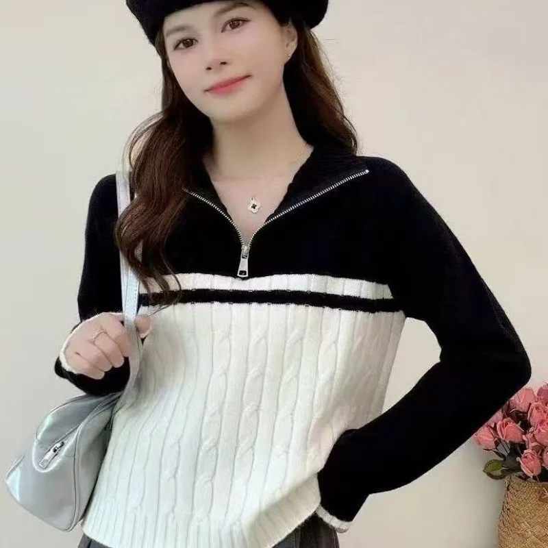 Lapel Half Zipper Turtleneck Knitted Jacket Sweater Autumn and Winter Fashion Loose Color Combination New Style