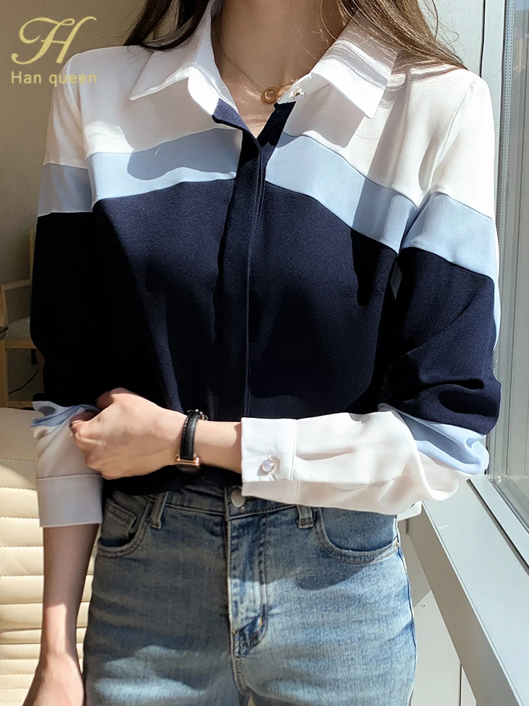 H Han Queen New Autumn Women Vintage Color Contrast Ladies Tops Chiffon Long Sleeve Casual Blouse Female Work Office Shirts