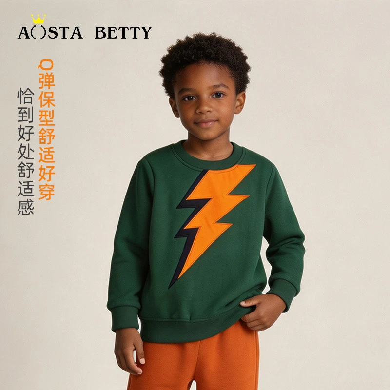 2026 Autumn New European and American Style Lightning Print Boys Sweatshirt Knitted Cotton Crew Neck Children's Sports Shirt