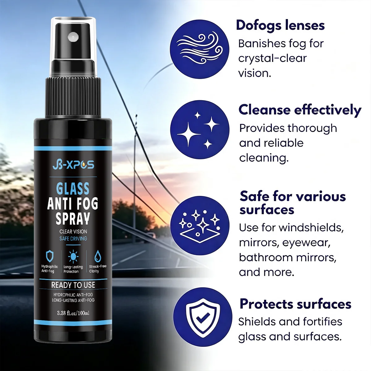 Car Glass Anti‑Fog Spray, Effective Defogging Agent Prevent Fog Blur For Car Windshield Side Window Surfaces YT0505
