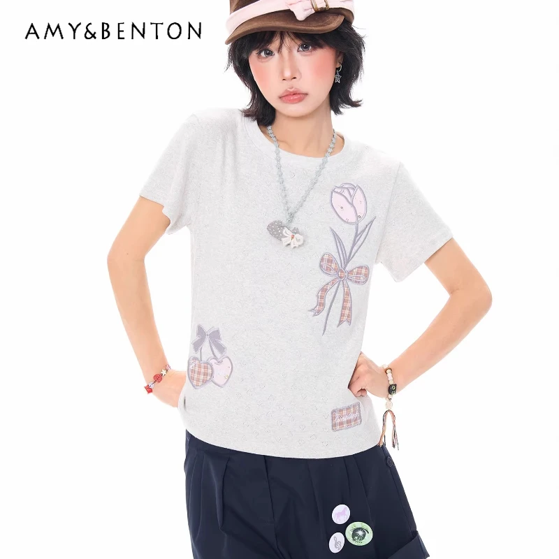 

Korean Girl Design Flower Embroidery Women's Short-sleeved T-shirt 2026 New Summer Loose Thin Y2k Versatile Casual Top Ladies