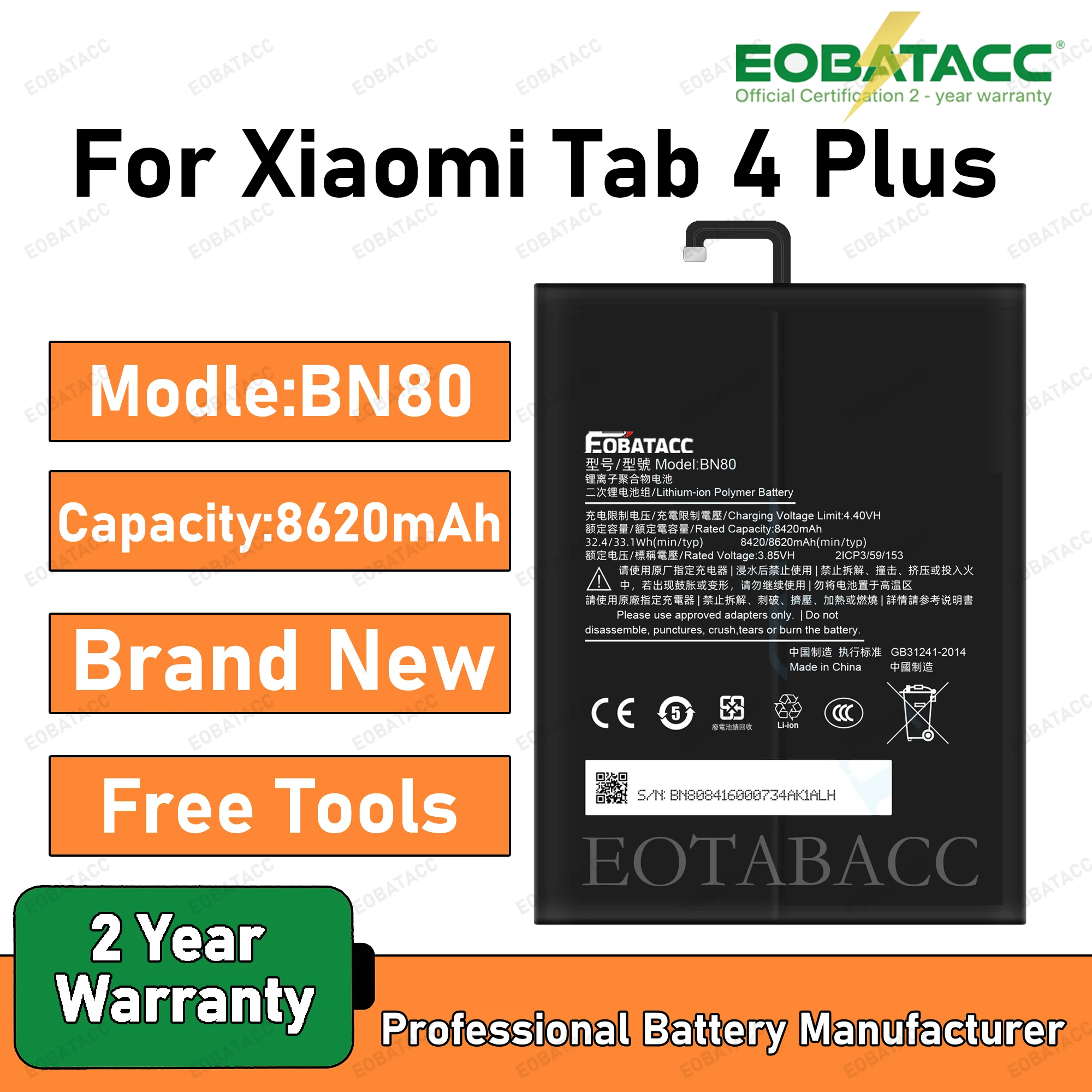 

2025 Years EOBATACC 100% New BN80 8620mAh Battery For Xiaomi Mi Pad4 Plus 4 Pad4 Plus MiPad 4Plus Tablet Batteries +Free Tools