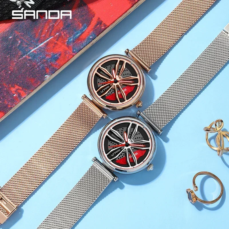 SANDA ساعة كاجوال نسائية جديدة 360 °   ساعة كوارتز نسائية بمينا دوار وحزام شبكي ذهبي وردي مقاومة للماء حتى عمق 30 متر