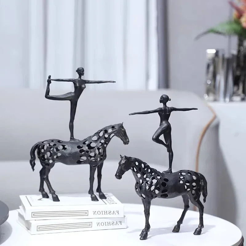 Cast Iron Hollow Horse Dancing Girl Ballet Dancer Dancing Horse Statue on Horseback Metal Figurine Sculpture of Realistic Animal