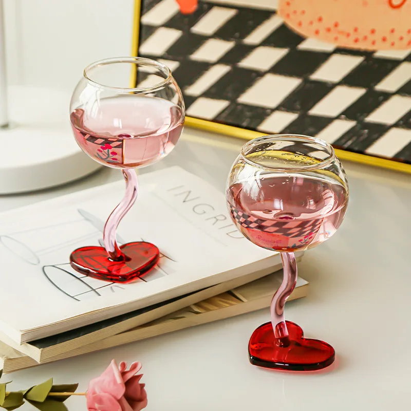 2 Pieces Set Elegant Wine Glasses Cups with Red Heart Base Cute Lovely Cups with Gift Box Packing Good for Wedding Events Party