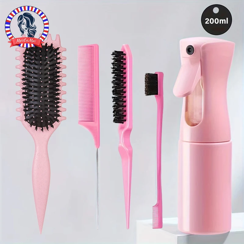 5-Piece Detangling & Styling Set: Curl Candy Bursh Curved Rat Tail Comb Edge Control Brush - Perfect for Salon-Quality Results