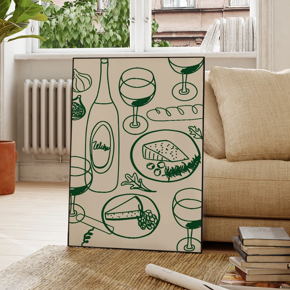 Aesthetic Typography Wine & Cheese Vertical Bauhaus Wall Art Prints Canvas Painting Poster Pictures For Kitchen Room Home Decor